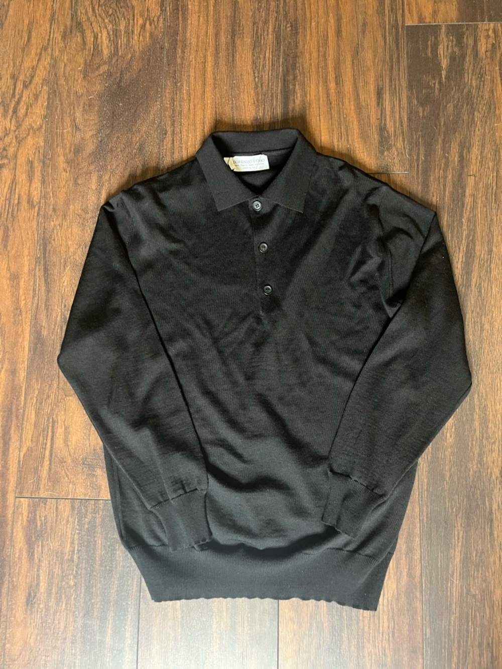 Lorenzo Uomo Merino Wool Knit Men M Black Collared Pullover Luxury Sweater Italy
